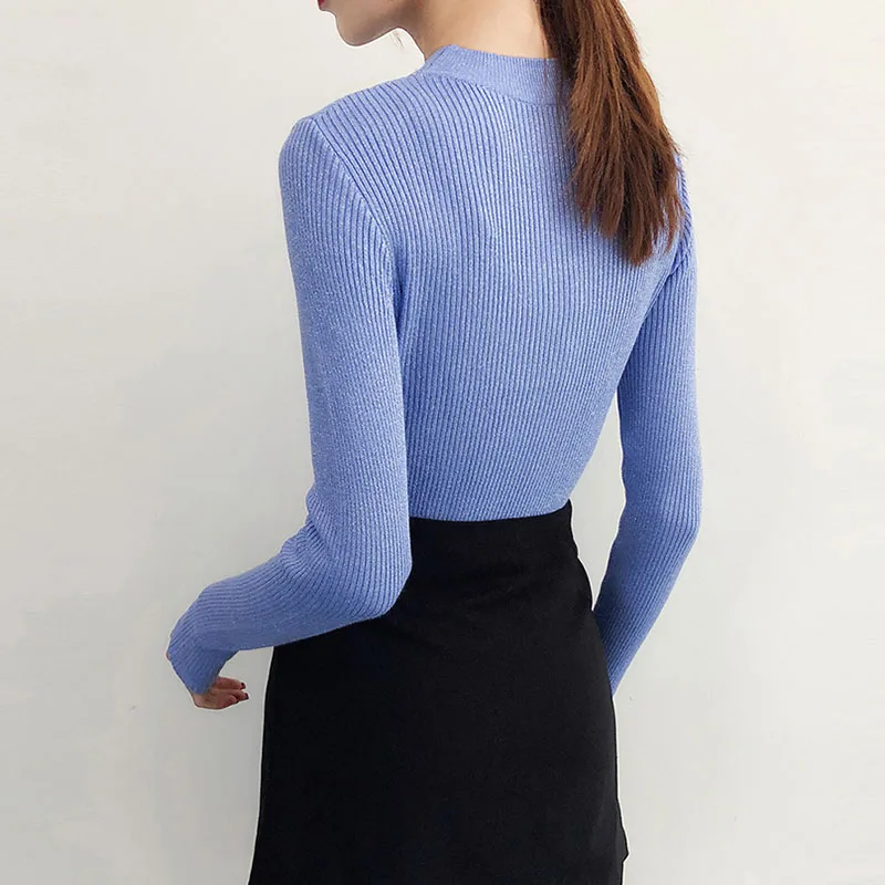 Женская Корейская версия блузки, женский тонкий хлопковый свитер с воротником средней высоты, Женские однотонные Повседневные вязаные свитера