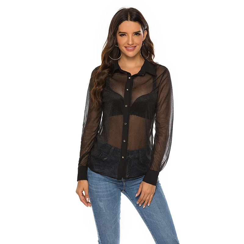 Camisa de malla negra para mujer, blusa Sexy, Tops para mujer, ropa de noche para discoteca, Top, camisas con transparencias, camisa con botones