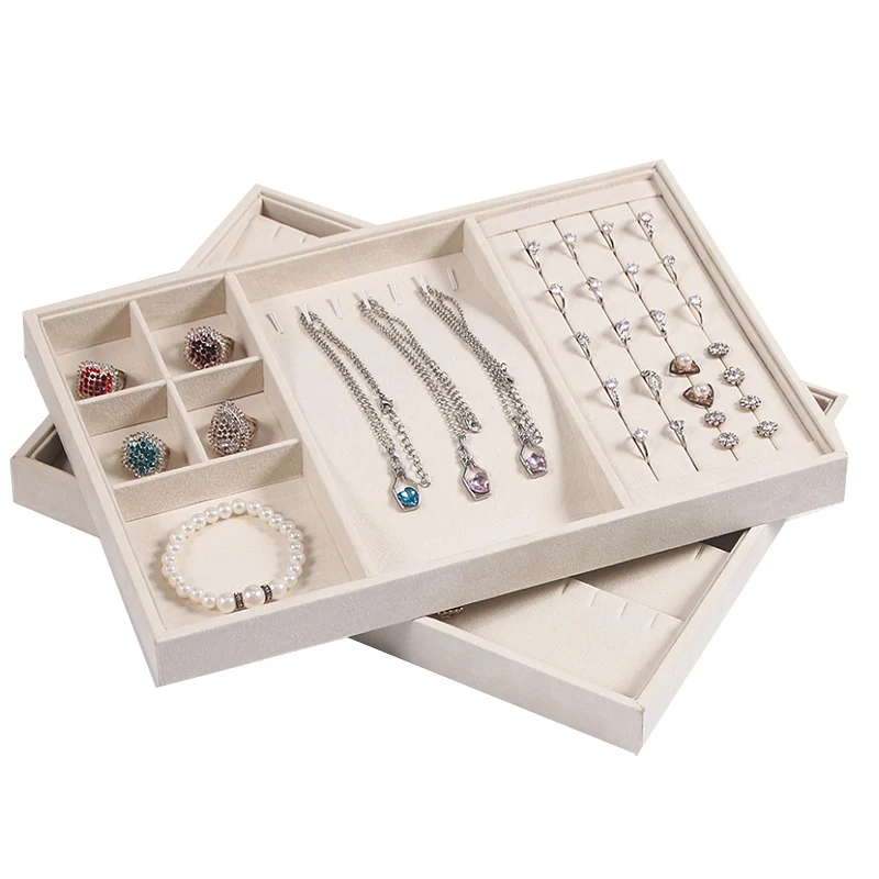 Beige Full Velvet Jewelry Trays Jewelry Storage Organizer Jewelry Display Holder Bracelets Rings Earring Jade Pendan Box Case