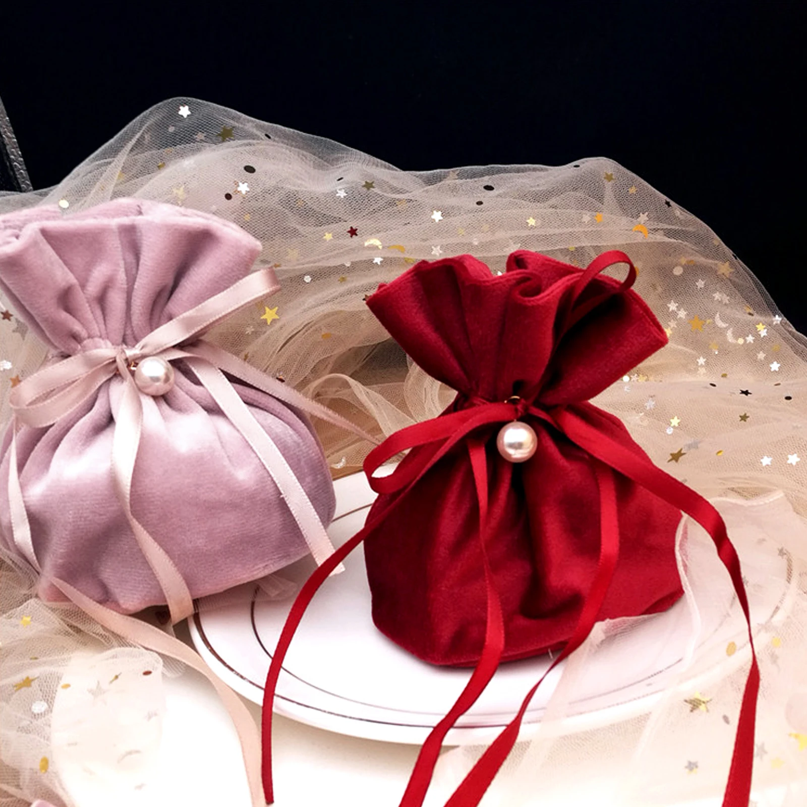 

12x9cm Flannel Jewelry Packaging Ribbon Drawstring Chic Velvet Pouch for Wedding Favor Gift Bags Birthday Party Supply