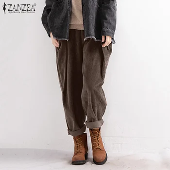 

2020 Vintage Corduroy Pants ZANZEA Women's Spring Trousers Casual Elastic Waist Long Pantalon Palazzo Female Turnip Plus Size