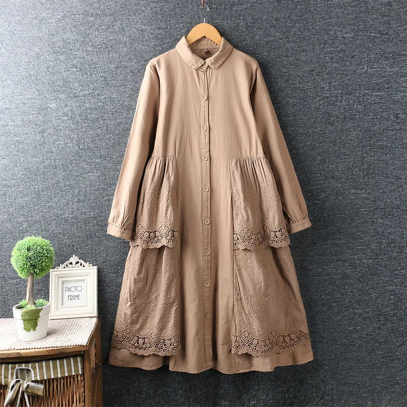 

Harajuku Mori Girl Lace Embroidered Cotton Long-sleeve Dress Women's Hollowed Autumn Sunscreen Shirt Dress Cardigan Robe Tunique