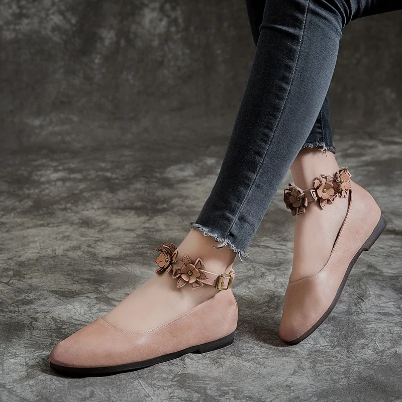 

2019 Autumn New Style Literature And Art Fresh Elegance Low-Cut Elegant Flat Ankle Flower WOMEN'S Shoes Genuine Leather Rubber S