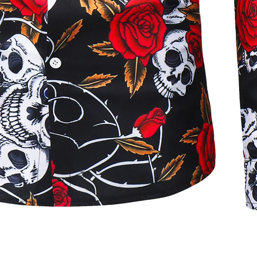 Camisas Masculina Мужская модная рубашка с длинными рукавами и принтом в виде черепа и розы, Мужская Повседневная Блузка с цветочным принтом