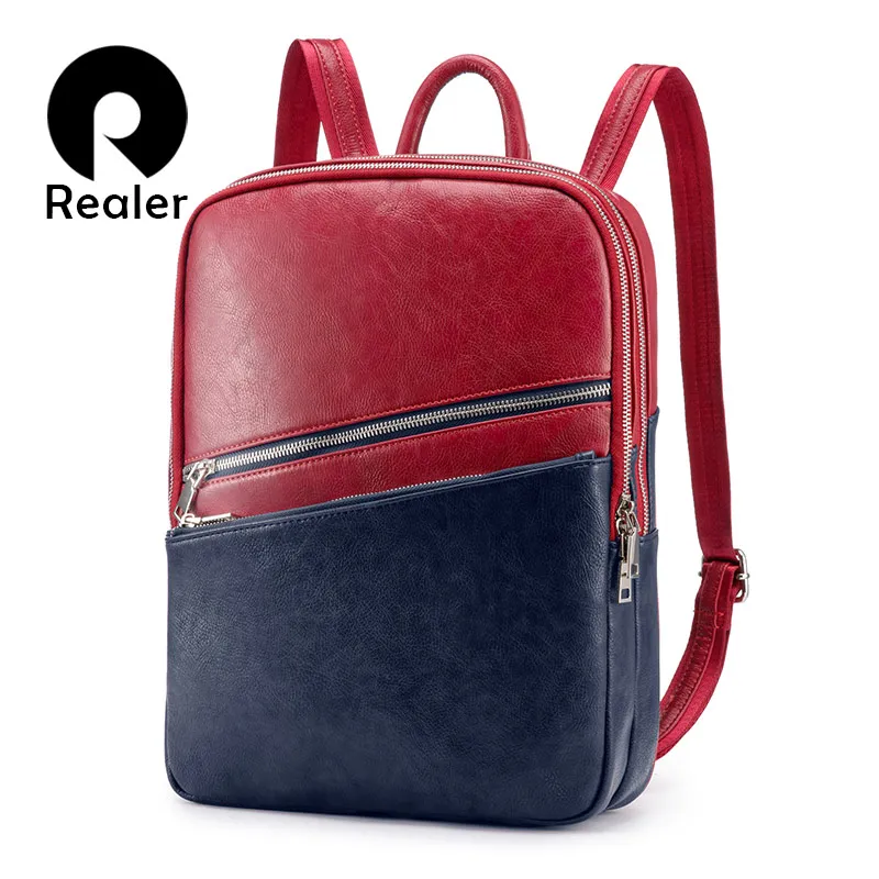 cheap REALER women backpack school bags for teenager girls small leather school backpack for women mochila shoulder bag panelled 2019