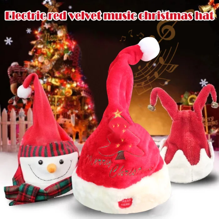 New Arrival Electric Santa Hat Music Swing Cartoon Red Plush Hat Christmas Party Cap