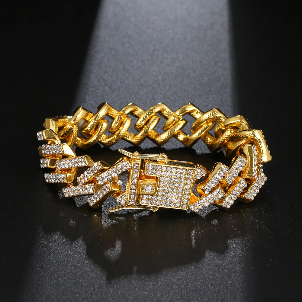 

New Fashion Micro Paved Rhinestone Link Chain Gold Miami Curb Cuban Chain Cz Bling Rapper Bracelet For Men Hiphop Jewelry
