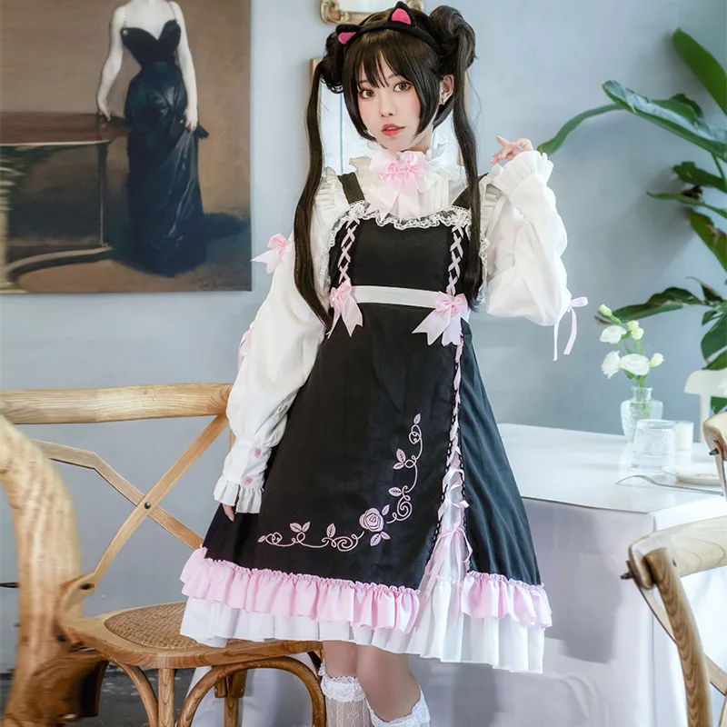 Японское милое платье в стиле Лолиты; винтажное кружевное платье с бантом и высокой талией; платье в готическом стиле Лолиты с вышивкой+ рубашка-стойка; kawaii; комплекты для костюмированной вечеринки для девочек