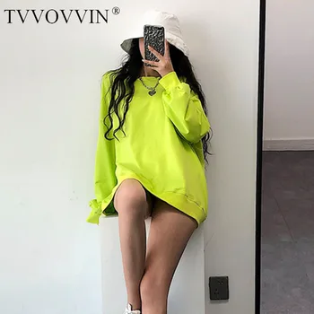 

TVVOVVIN Loose Casua Big Size Round Neck Pullover Fluorescent Green Solid Color Autumn Sweatshirt Womens XWF0
