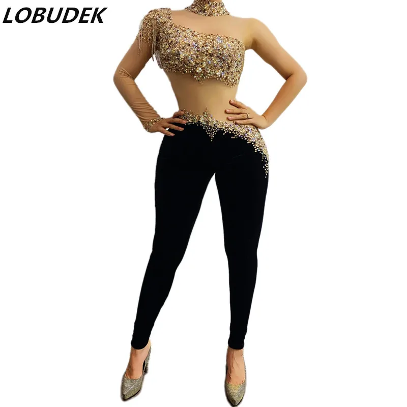 

Sexy Transparent Single Shoulder Sleeve Rhinestones Mesh Velvet Jumpsuit Singer Dancer Stage Wear Birthday Prom Skinny Jumpsuits