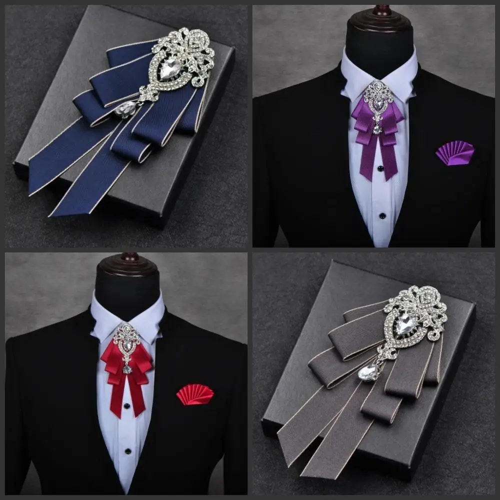 

Men Business Necktie Wedding Party Chic Alloy Brooch Rhinestone Bow Tie Set Women Striped Pins Handkerchief Pocket Square Bowtie