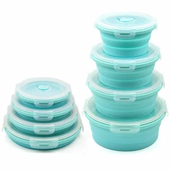 

4Pcs Portable Collapsible Lunch Box Silicone Folding Kid Food Storage Container Round Silicone Lunch Box