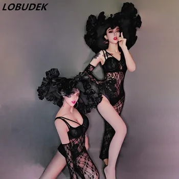 

Black Flower Single Leg Lace Jumpsuit Big Hat Headdress Dane Outfit Valentine's day Bar Club Female DJ Singer Dance Team Costume