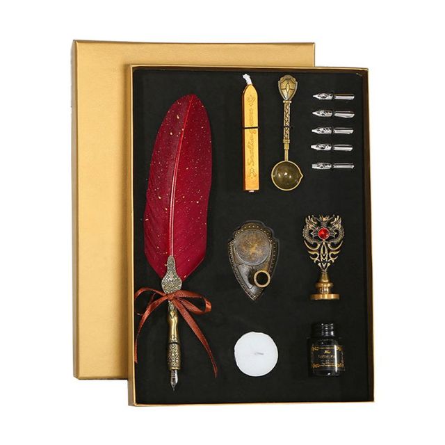 Gold Luxury Vintage Feather Quill Dip Calligraphy Fountain Pen Writing Ink 5 Nibs Set Stationery Gift Box