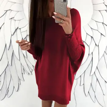 

2019 Autumn Winter Sweaters Women Sweater Dress Long Sleeve Boat Neck Plus Size Loose Sweater Mini Dress ladies Sweaters Dress