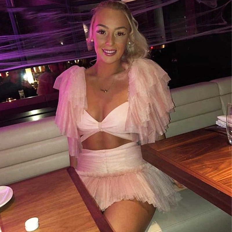 

NATTEMAID Sexy Mesh plated Two Pieces Set Formal bow Top And skirt Women Ruffles Hollow Out 2 Piece Set Women Outfit