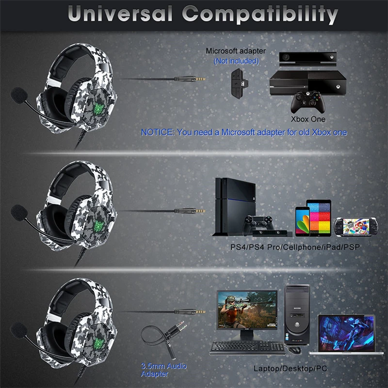 New K8 PS4 Camouflage Gaming Headphones casque Wired PC Gamer Stereo Gaming Headset With Mic LED Lights for XBox One Laptop
