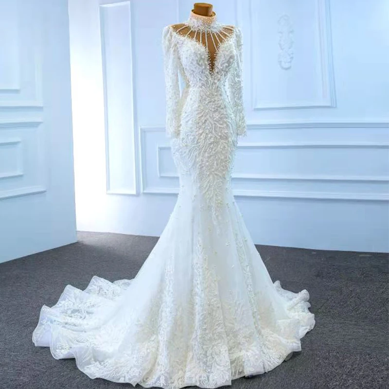 J67219 White Meimaid Wedding Dress 2021 Appliques Pearls V-Neck Long Sleeve Lace Up Back Beading Appliques 3