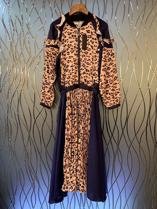 

2019 Early Autumn New Female Circle Neck Ear Stitching Leopard Printing Matching Colour Press Fold Long Sleeve Zipper Dress 829