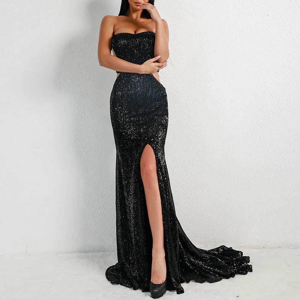 Сексуальное вечернее платье без бретелек с блестками женское длинное длинным