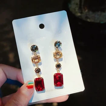 

MENGJIQIAO 2019 New Korean Vintage Square Drop Crystal Long Dangle Earrings Statement Fashion Jewelry Temperament Earrings