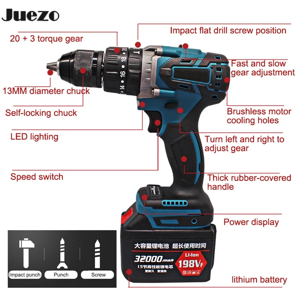 21V Electric Impact Drill High Power Brushless Cordless Power Tool Rechargeable 13mm Drill Driver 23 Modes with Battery Charger