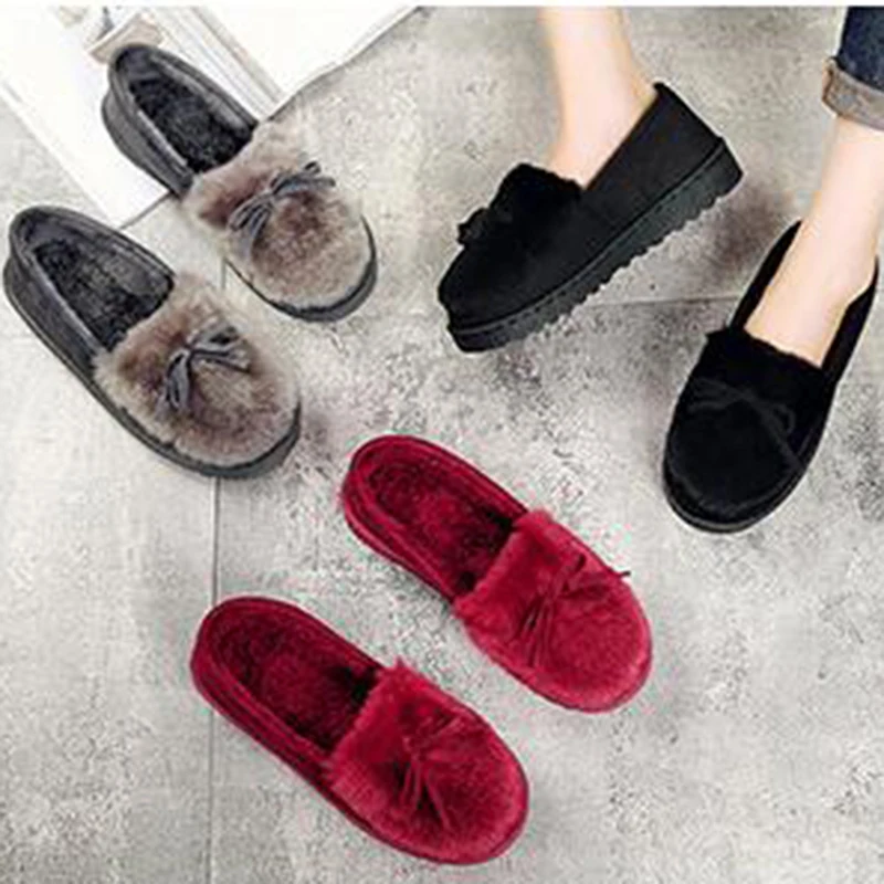 

Hot Winter Women Suede Slippers Cute Bow Ladies Peas Shoes One Foot Mane Shoes Simple Warm Absorb Sweat Slippers For Women