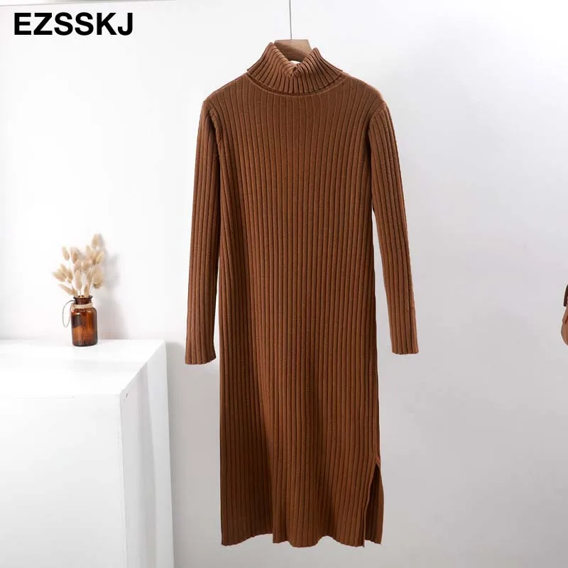 Большой размер осень зима макси свитер платье Женский длинный рукав женский базовый длинный прямой свободный свитер-водолазка платье шик - Color: caramel colour