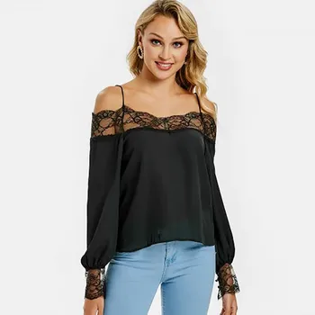 

Women's Sexy Blouse New Lace Patchwork Gothic Strapless Long Sleeve Solid Tops Spring Summer Fashion Casual Loose Camisa #M