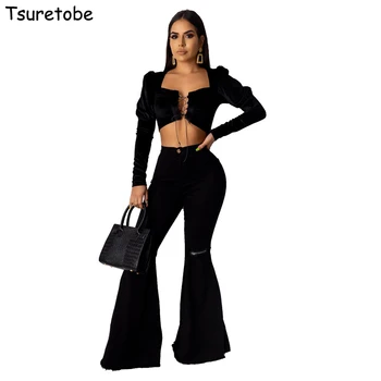 

Tsuretobe Fashion Denim Ripped Flare Jeans Women Vintage High Waist Wide Leg Jeans Casual Bell Bottom Jeans Boot-Cut Pants Femme