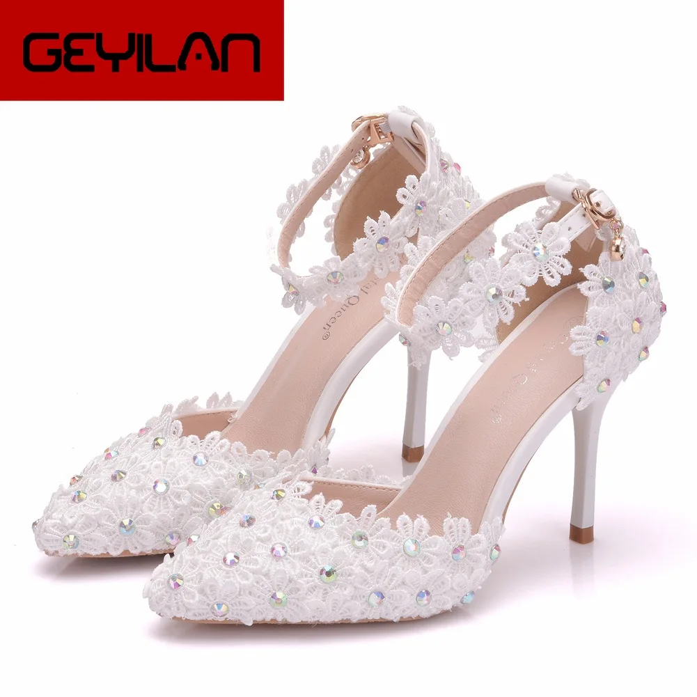 

White Heels Ankle Strap Wedding Shoes Pointed Sandals Flower White Lace Bride Shoes High Heel Temperament Shoes