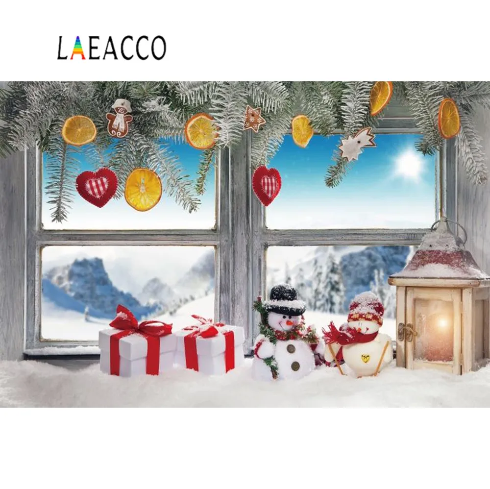 Laeacco Фото фоны Рождество подоконник снеговик подарок сосна подарок портрет боке Фото фоны фотосессия Фотостудия