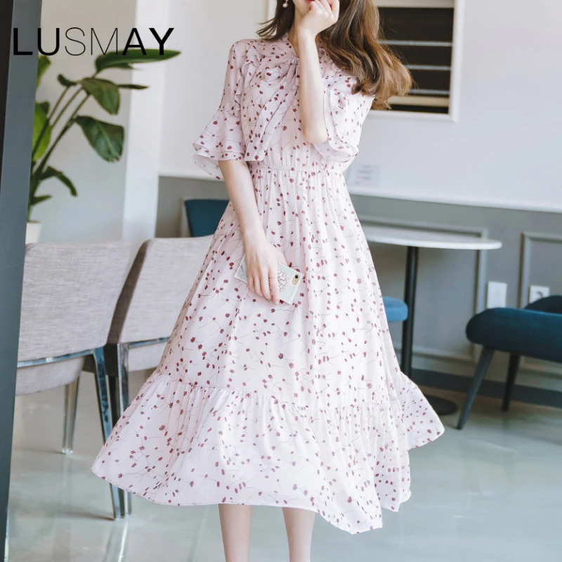 Korean Cute Floral Print Chiffon Casual Dresses Women Summer Flare Short  Sleeve Midi Dress Pink|Dresses| - AliExpress