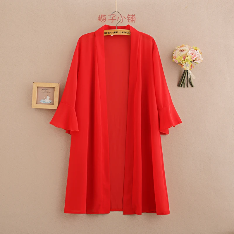 Long Chiffon Blouse Cardigan Summer 2020 Woman V Neck Tie Waist Blouse Shirt Black Ruffle Sleeve Top Lace Beach Blouse Cover Up 3