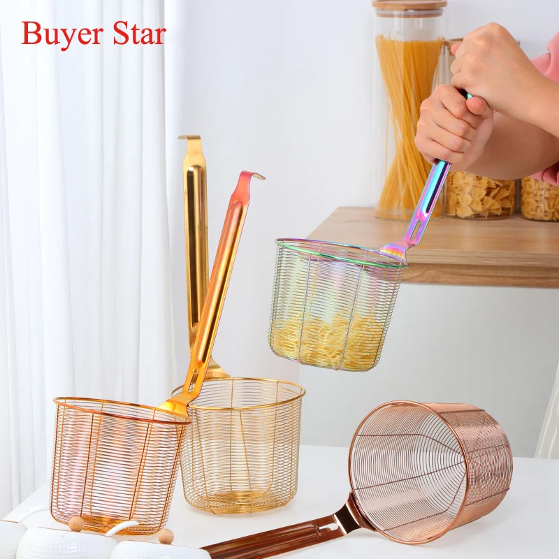 

Easy Used Kitchen Golden Cook ware Stainless steel food filter Noodle Colander Soup French fries foods Cooking Basket strainer
