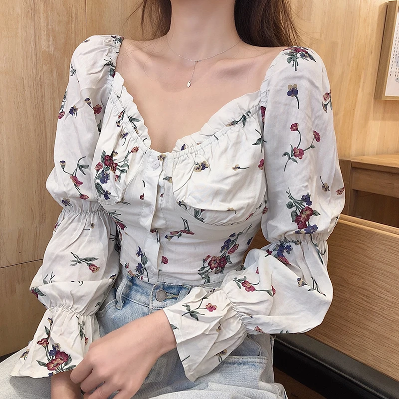 Blusas mujer de moda новая прерия шик весенние женские топы с цветочным принтом с v-образным вырезом укороченный топ с расклешенными рукавами модная женская одежда Корея