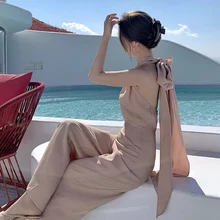 

Summer Elegant Lady Backless Bandage Jumpsuit Women's Elegant V-Neck Halter Wide Leg Jumpsuit Female Overalls One Piece Outfit