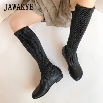 

Genuine Leather Elastic Slim Knee high Boots Women Black Round Toe Flat Shoes Women 2019 Autumn New Fashion Sock Boots For Women