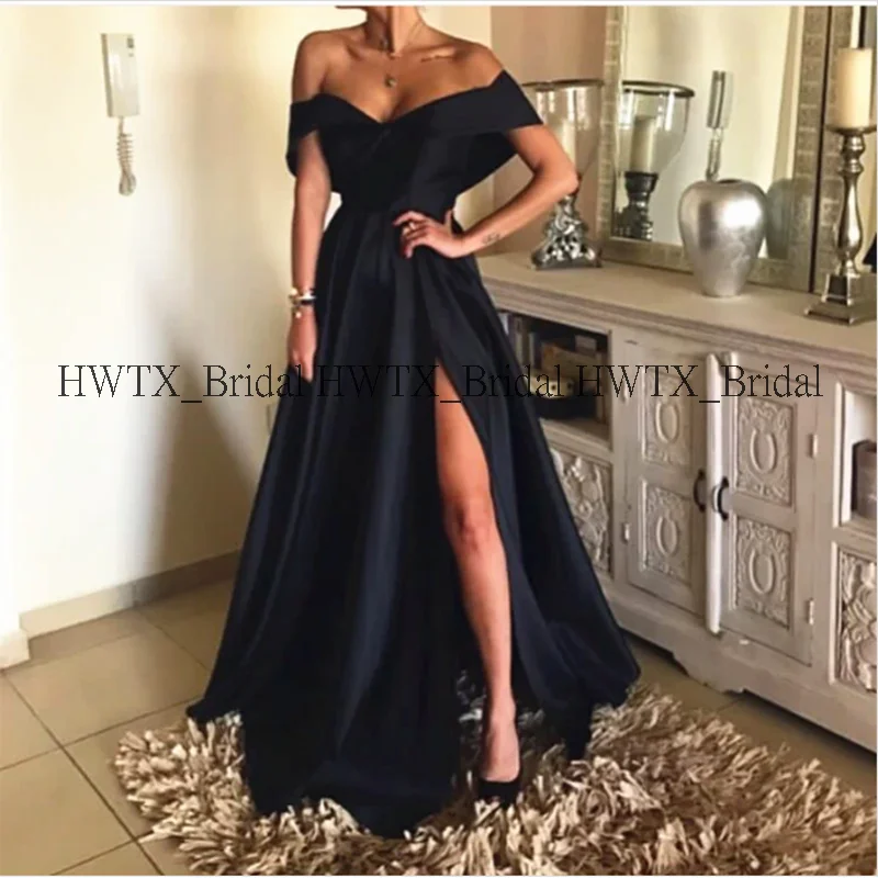 HWTX_Bridal платья для выпускного вечера с высокими разрезами, новинка, черное сатиновое элегантное платье с открытыми плечами, длинное вечернее платье для выпускного вечера, Vestidos De Novia