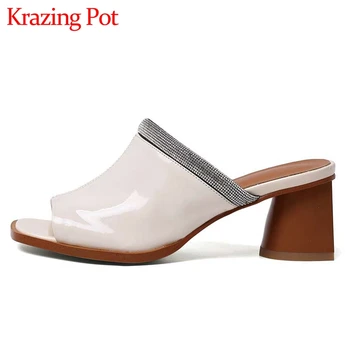 

Krazing pot natural leather peep toe high heels rhinestone young lady convenient cozy summer leisure slip on sandals women L7f3
