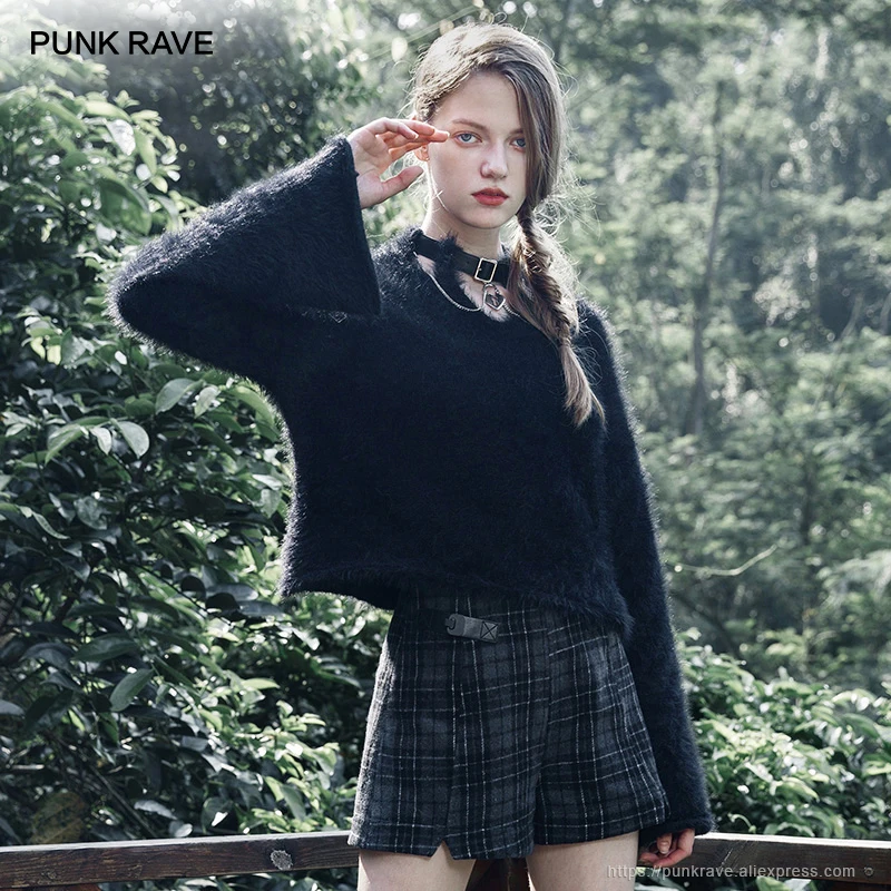 PUNK RAVE Girl's Flare Sleeved Fluffy Sweaters with Detachable Choker Winter Keep Warm Black White Women Sweater | Женская одежда
