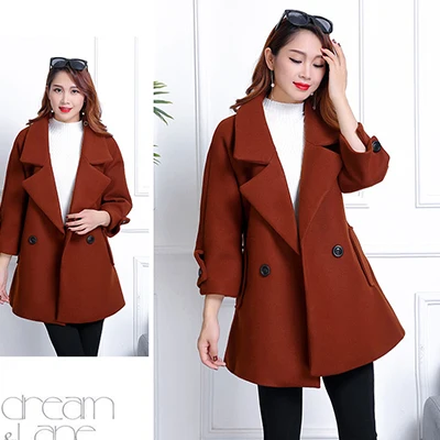 Brick red Однотонное длинное шерстяное Женское пальто больших размеров, зимнее двубортное свободное шерстяное пальто, куртки, женское корейское осеннее кашемировое пальто - Цвет: Brick red