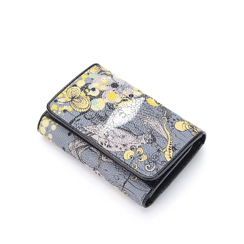 Thailand Authentic Stingray Leather Women's Card Holders Genuine Skate Skin Lady Small Trifold Wallet Female Short Clutch Purse