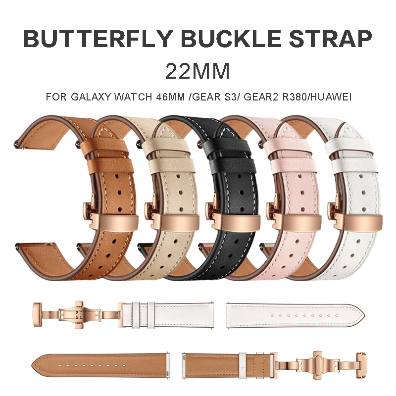 Leather Strap Band Butterfly Buckle For Galaxy Watch 46mm/Gear S3/R380/Huawei For Replacement Bracelet Strap