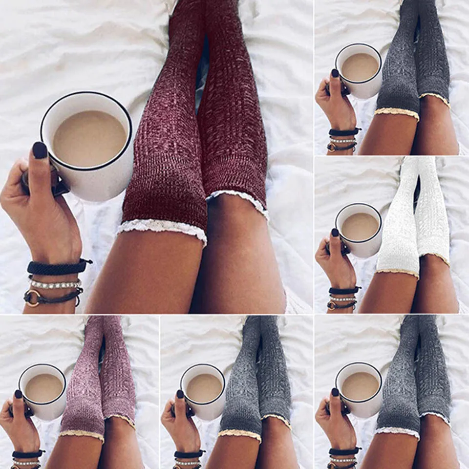 Ladies Knee High Lace Socks Women Over Knee Socks Thigh High Thick Lovely Girl Knitting Long Stockings Fashion