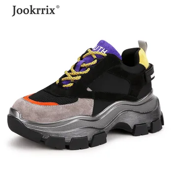 

Jookrrix 2019 Women Genuine Leather Shoes Female Increased 6cm Wedges Thick Sole Women Comfortable Chunky Sneakers Black