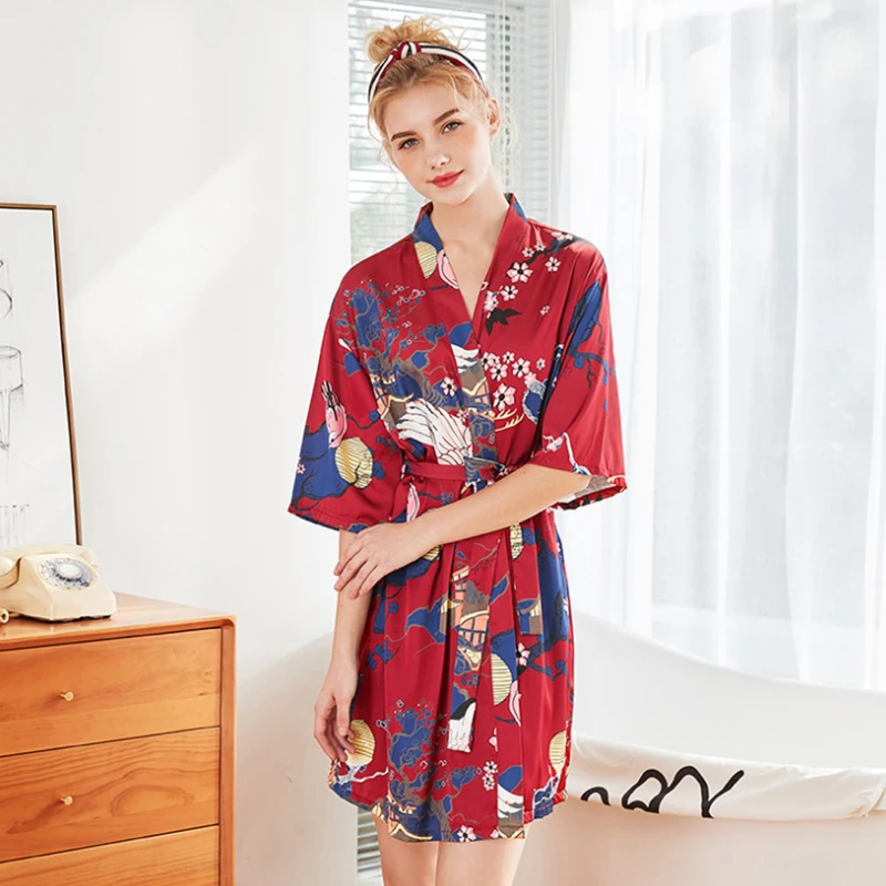 

Fashion Women's Summer Mini Kimono Robe Lady Rayon Bath Gown Yukata Nightgown Sleepwear Sleepshirts Pijama Mujer Size M-XXL