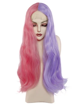 

pink purple wigs heat resistant synthetic lace wigs cosplay perruque 24'' long wavy wig front lace