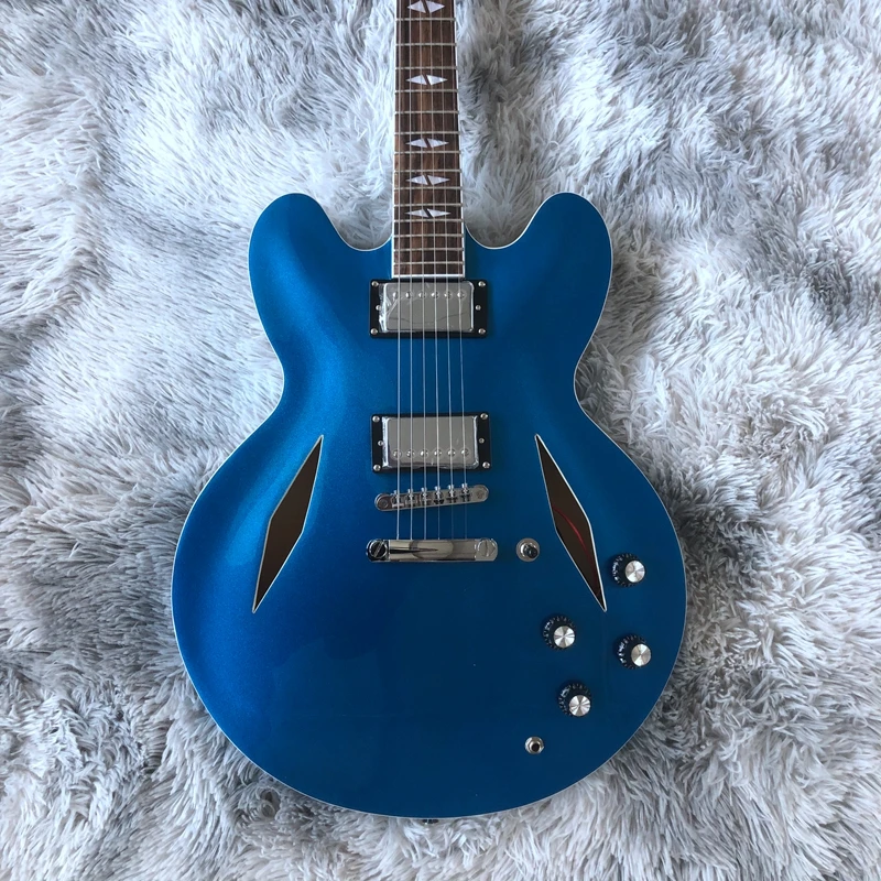 

2021 Высококачественная электрическая гитара, полый корпус с хромированной фурнитурой синего цвета, бесплатная доставка!