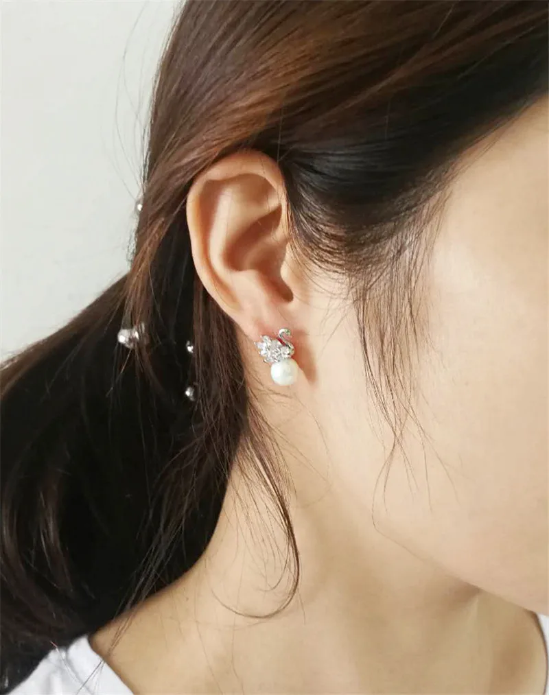 Корейский стиль 925 пробы серебряные серьги Модные Лебедь Циркон жемчуг серьги гвоздики дикие подходящие ювелирные изделия для женщин девушек